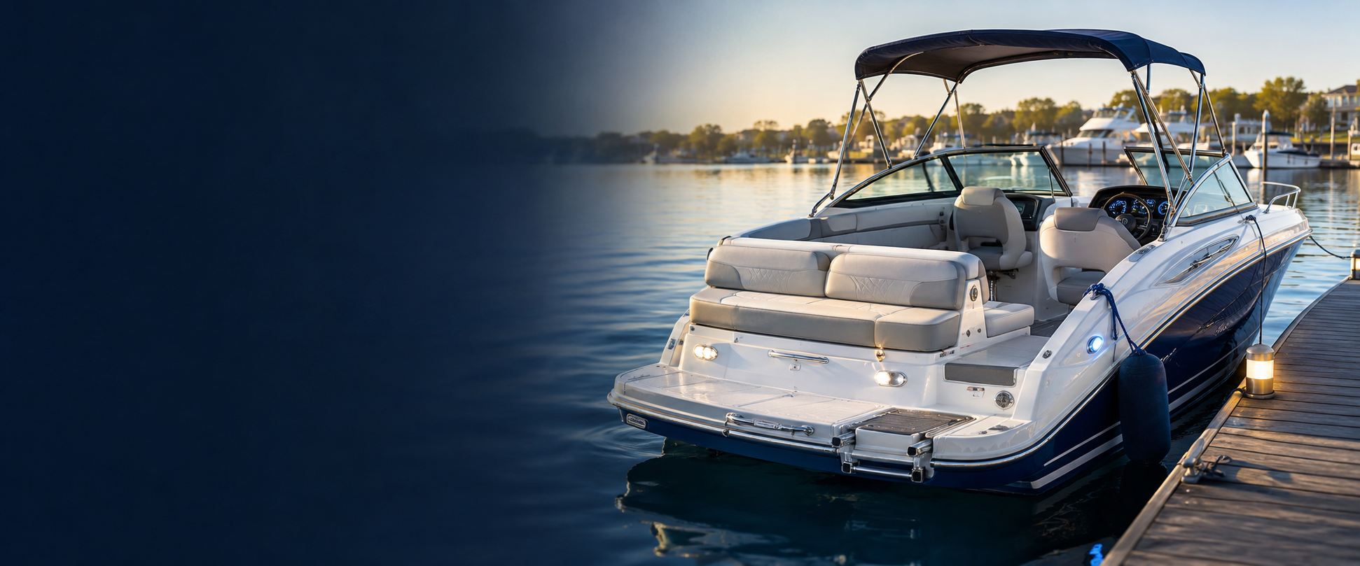 Modern recreational boat with marine seating, lighting, hardware, and dock protection