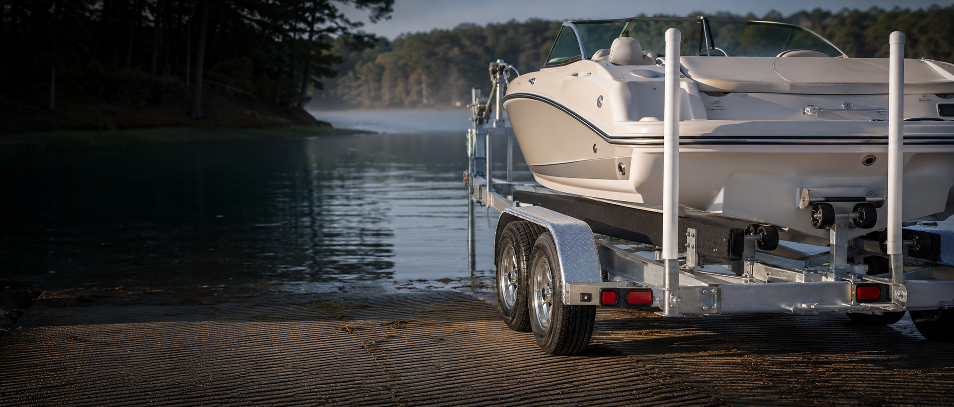 Boat centered on a trailer with post-style guide-ons, bunks, and rollers