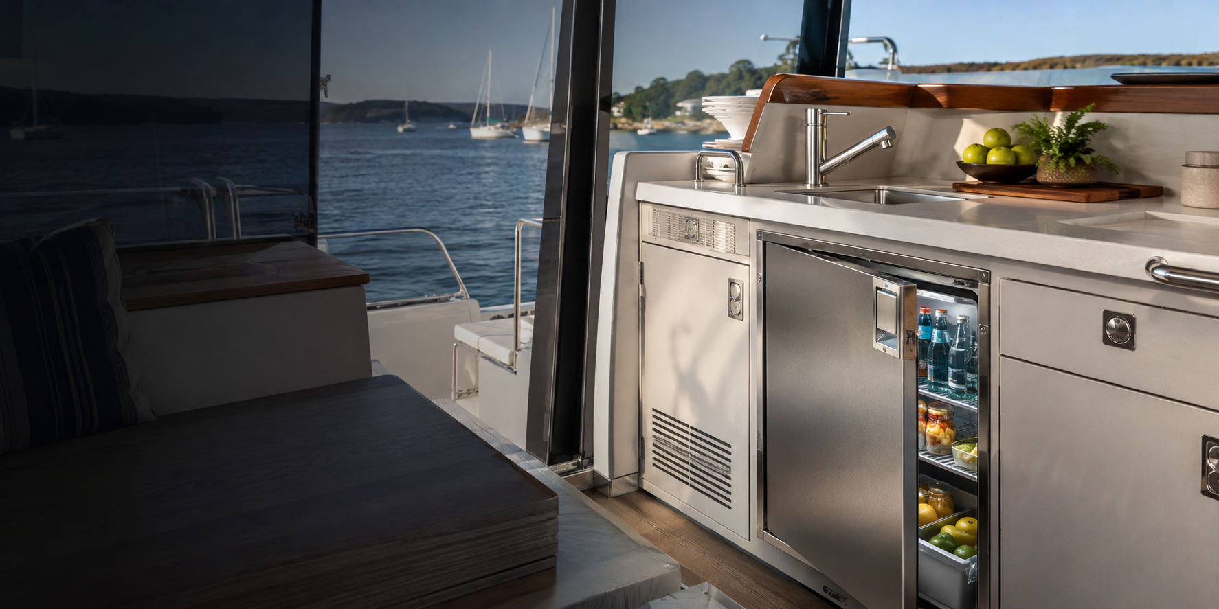 Built-in marine refrigerator installed in a modern boat galley