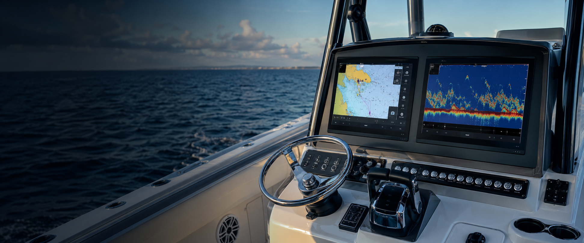 Marine chartplotter and fishfinder displays installed at a center-console boat helm