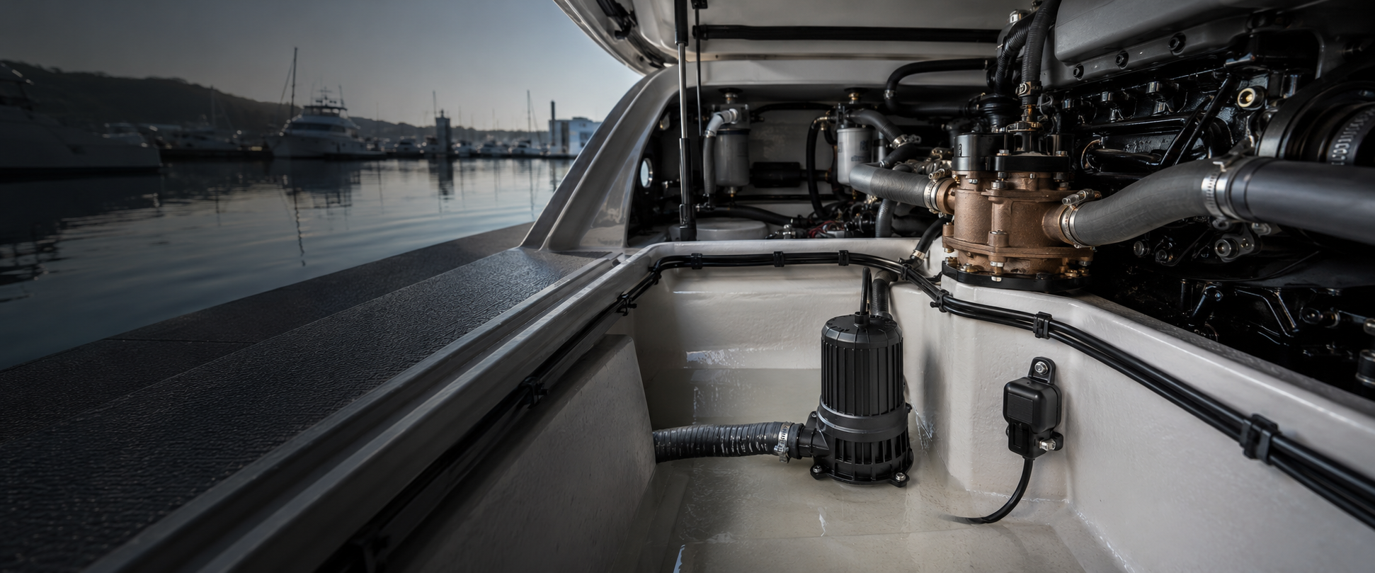 Marine bilge pump and engine-cooling pump installed in a clean boat compartment