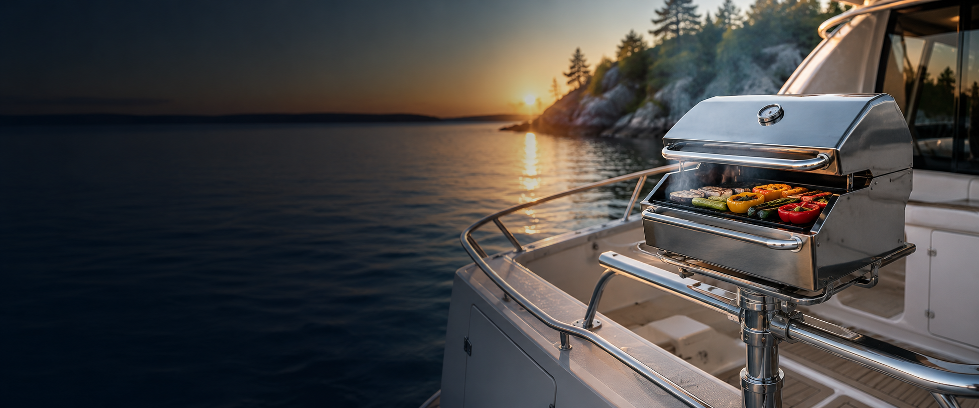 Stainless-steel boat grill mounted aboard a cruiser at sunset