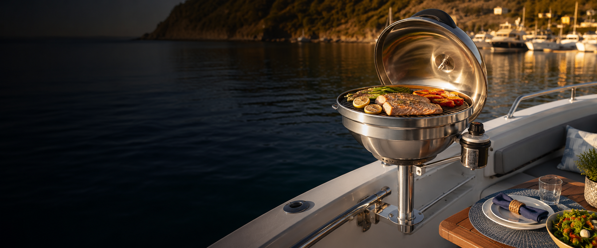Stainless steel marine grill mounted aboard a boat