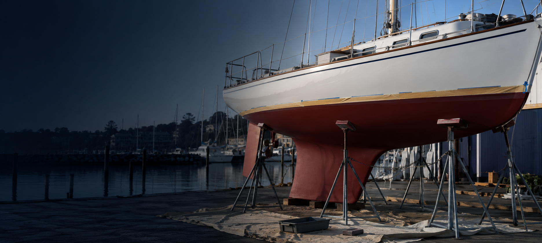 Sailboat with freshly applied red antifouling bottom paint in a professional boatyard
