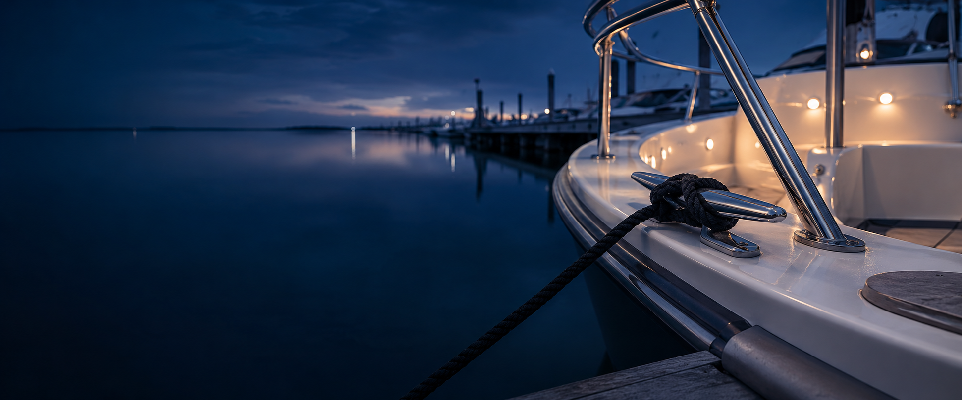 Boat secured at a marina with dock line, cleat, stainless rail hardware, and marine lighting