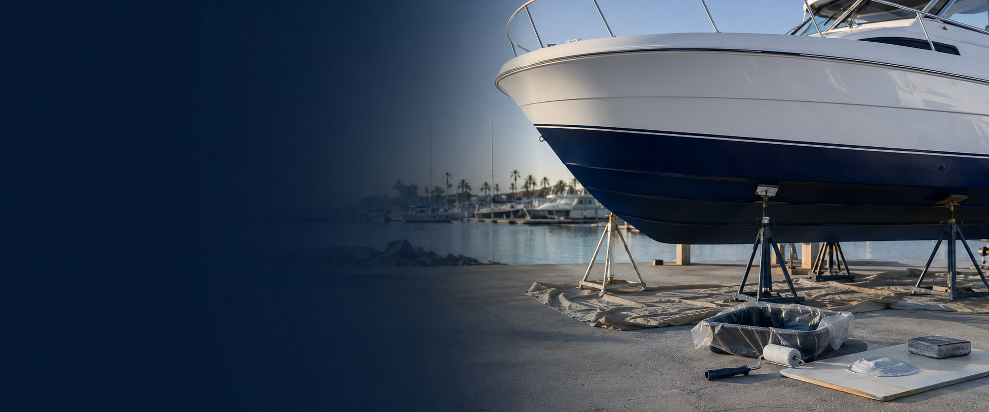 Boat undergoing bottom-paint and fiberglass-repair work in a marina boatyard
