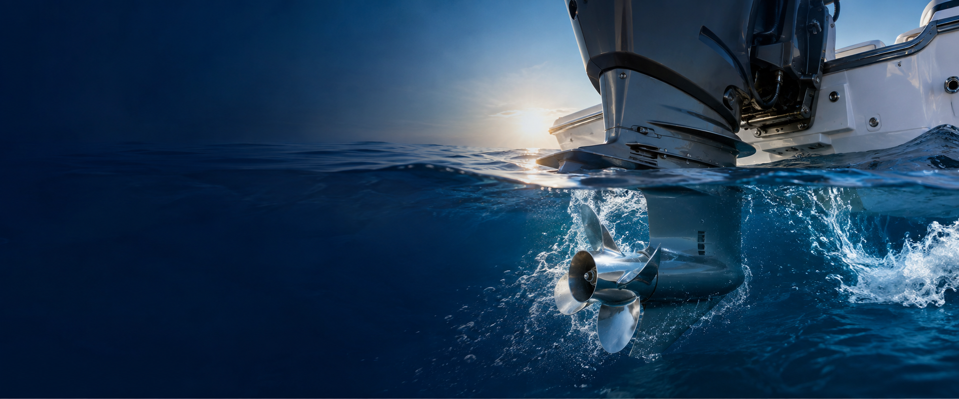 Stainless-steel boat propeller and outboard lower unit moving through open water