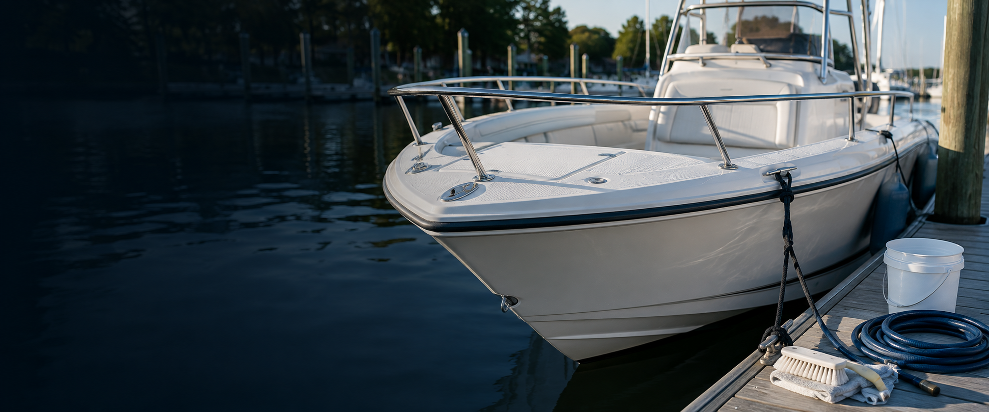 Freshly cleaned boat with clean fiberglass and nonskid deck surfaces