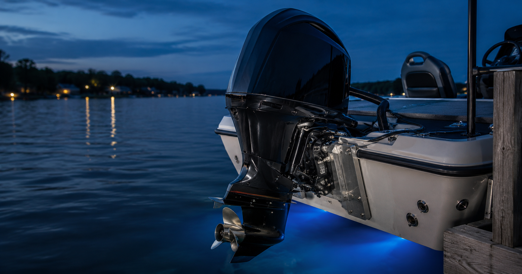 Outboard motor mounted to a boat jack plate with underwater LED lighting