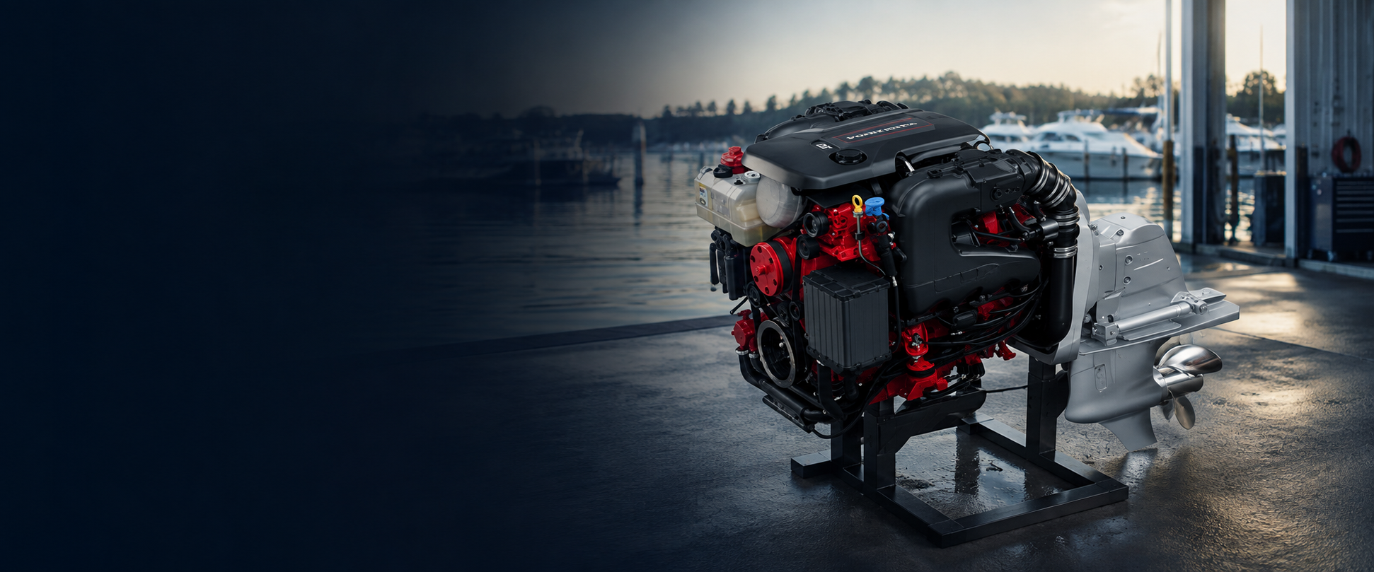Volvo Penta marine engine and sterndrive displayed at a marina