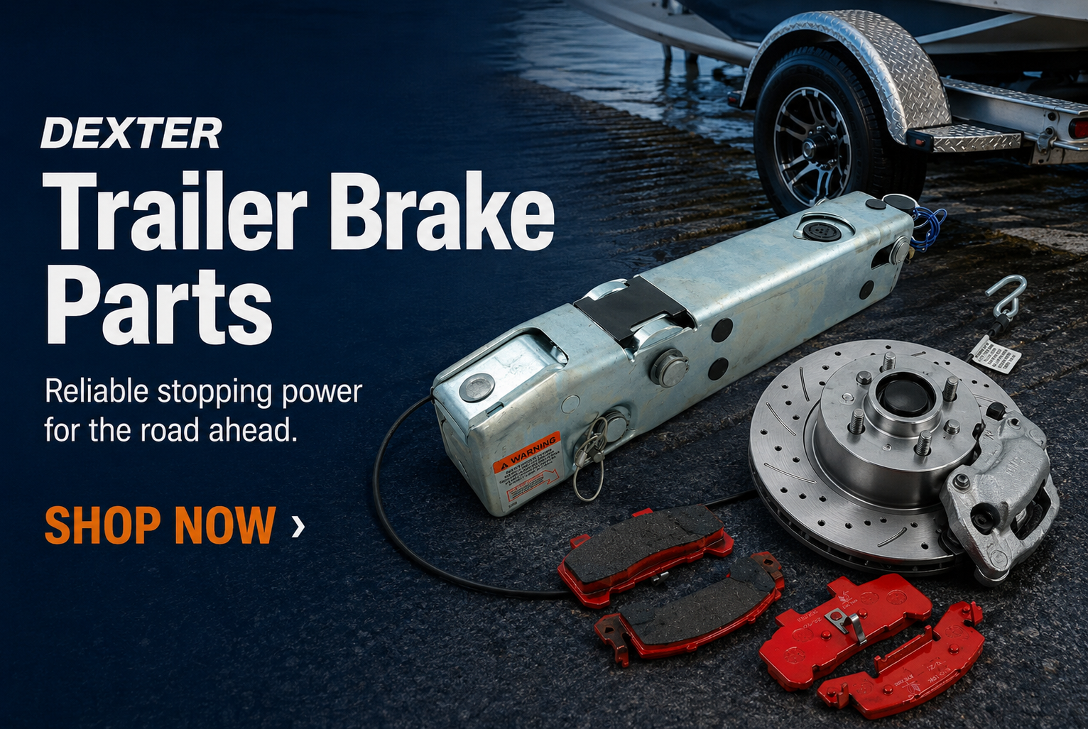 Dexter boat trailer brake parts, surge actuator, disc brake hub and brake pads