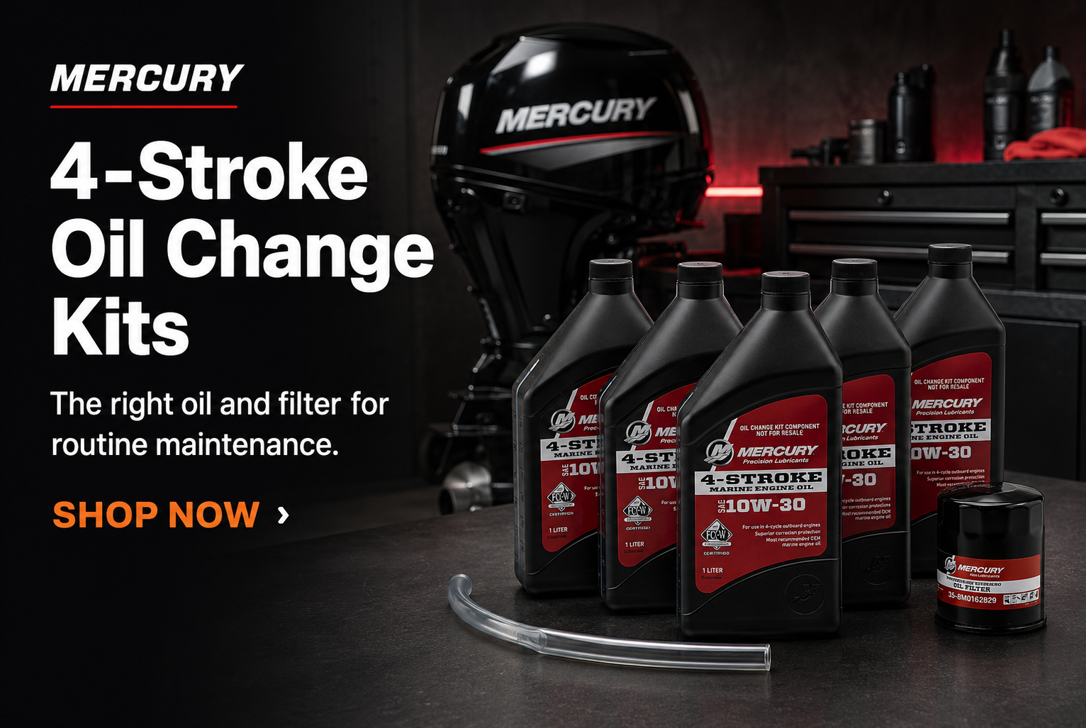 Mercury four-stroke outboard oil change kits with marine engine oil and oil filter