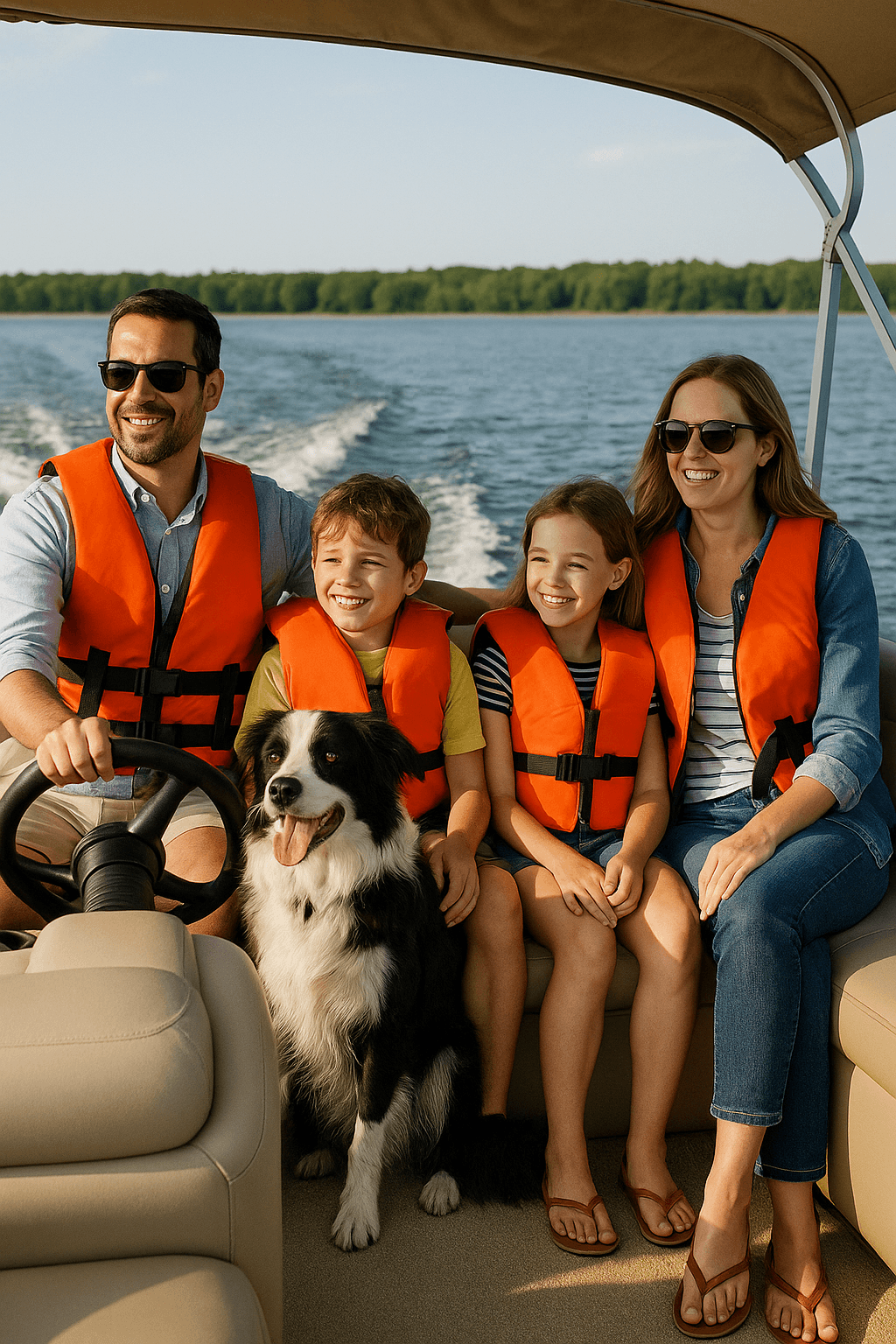 Happy family with their dog boating while wearing life jackets