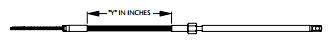 Diagram showing how to measure a rack and pinion boat steering cable for replacement. The image highlights the &ldquo;Y&rdquo; dimension&mdash;measuring the plastic jacket length in inches&mdash;then adding 30 inches and rounding up to the next foot to determine the correct cable length. This ensures a precise fit and smooth steering performance for mechanical steering systems.