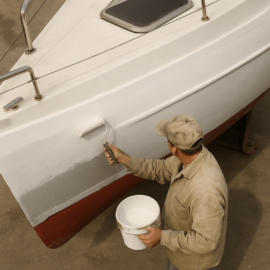 Man painting his boat topside
